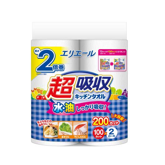 【168個単位】エリエール　超吸収キッチンタオル２ロール（１００カット）画像2
