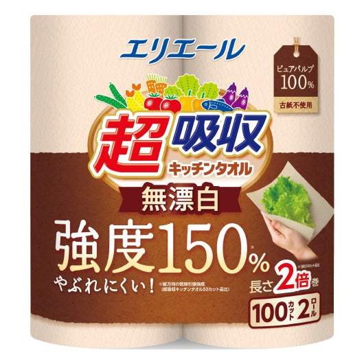  【168個単位】エリエール　超吸収キッチンタオル無漂白２ロール（１００カット）